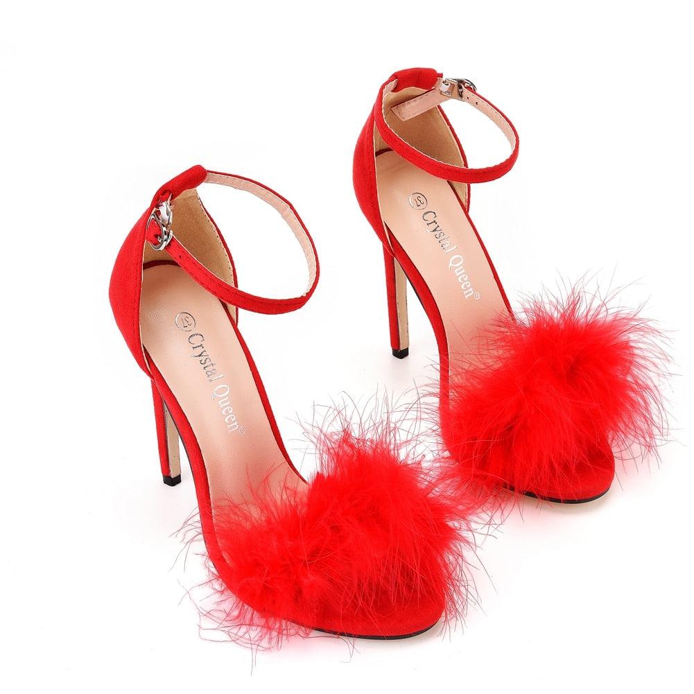 Fluffy Peep Toe Stilettos with Fur Feather