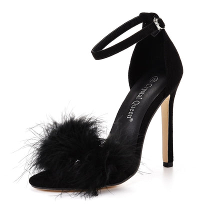 Fluffy Peep Toe Stilettos with Fur Feather